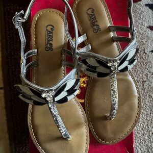 Carlos Santana Silver T-Strap Rhinestone Sandals with Black Enamel Accents